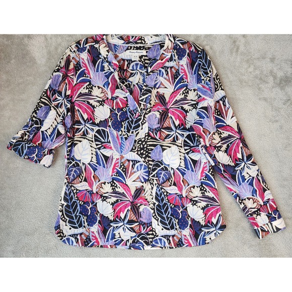 Tommy Bahama Tops - Tommy Bahama Shirt Womens Medium Tropical Leaf Print Roll Tab Sleeve Boho Top